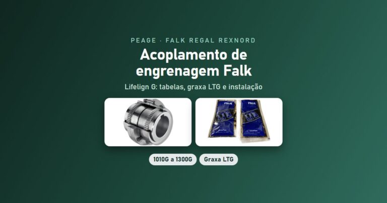 Acoplamento de engrenagem Falk Lifelign G: guia completo e tabelas Acoplamento de engrenagem Falk Lifelign G20 e graxa LTG, fornecidos pela PEAGE no Paraná e em Santa Catarina