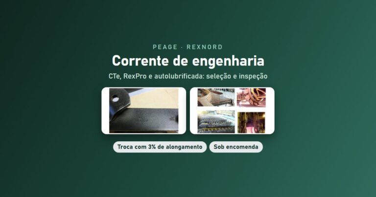Corrente de engenharia Rexnord com placa identificada e aplicações em elevadores e transportadores